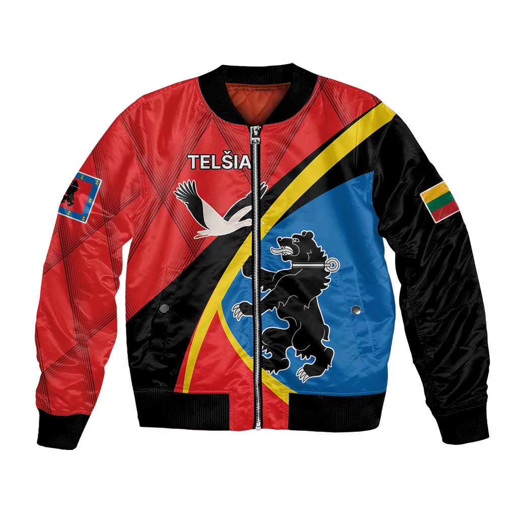 Unisex bomber jacket, red/blue/black colorblock with crest graphic and zip front