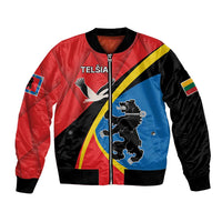 Unisex bomber jacket, red/blue/black colorblock with crest graphic and zip front