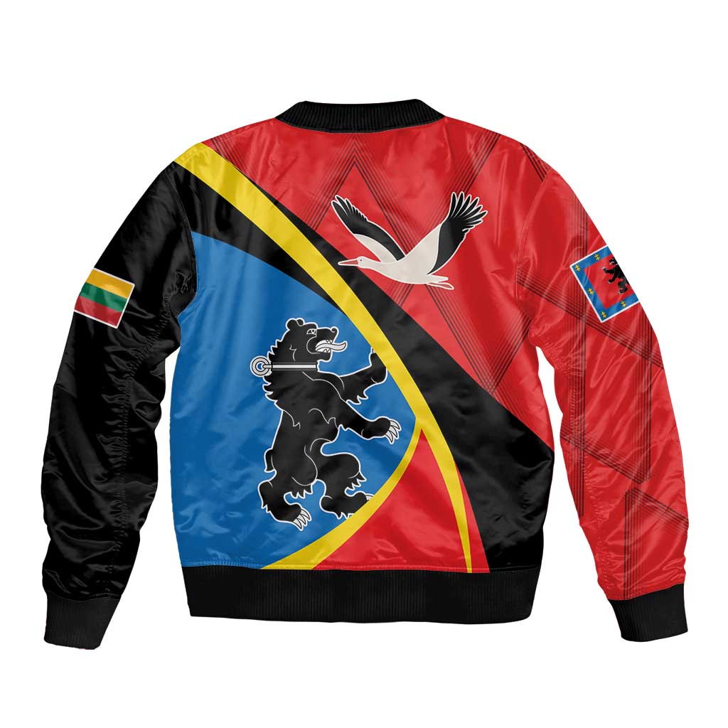 Unisex bomber jacket, red/blue/black back with large bird-and-lion crest graphic