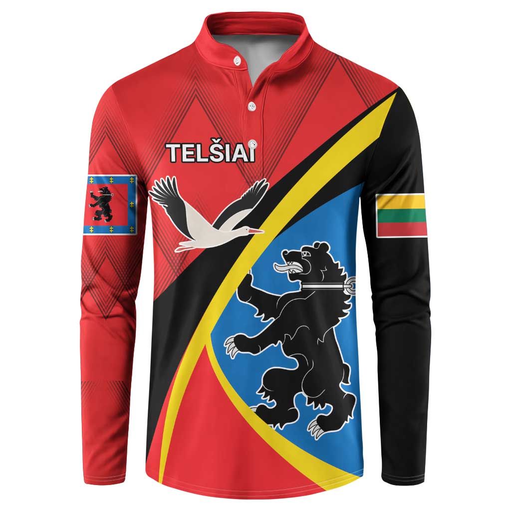 Red button sweatshirt, long sleeves, front crest and bird-and-lion graphic
