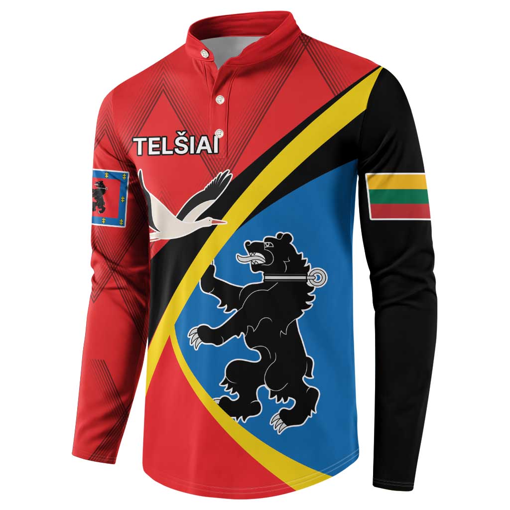 Red button sweatshirt, front view, bird and lion graphic with blue diagonal panel
