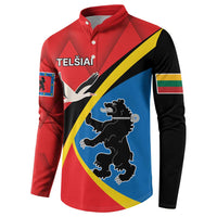 Red button sweatshirt, front view, bird and lion graphic with blue diagonal panel