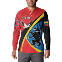 Red button sweatshirt on model, long sleeves, front button placket and crest graphic