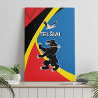 Framed Telsiai County canvas wall art with red, blue, yellow, and black graphic design