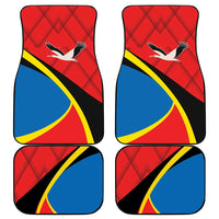 Set of four red car mats with bird graphic, diamond texture, and blue-yellow curved design