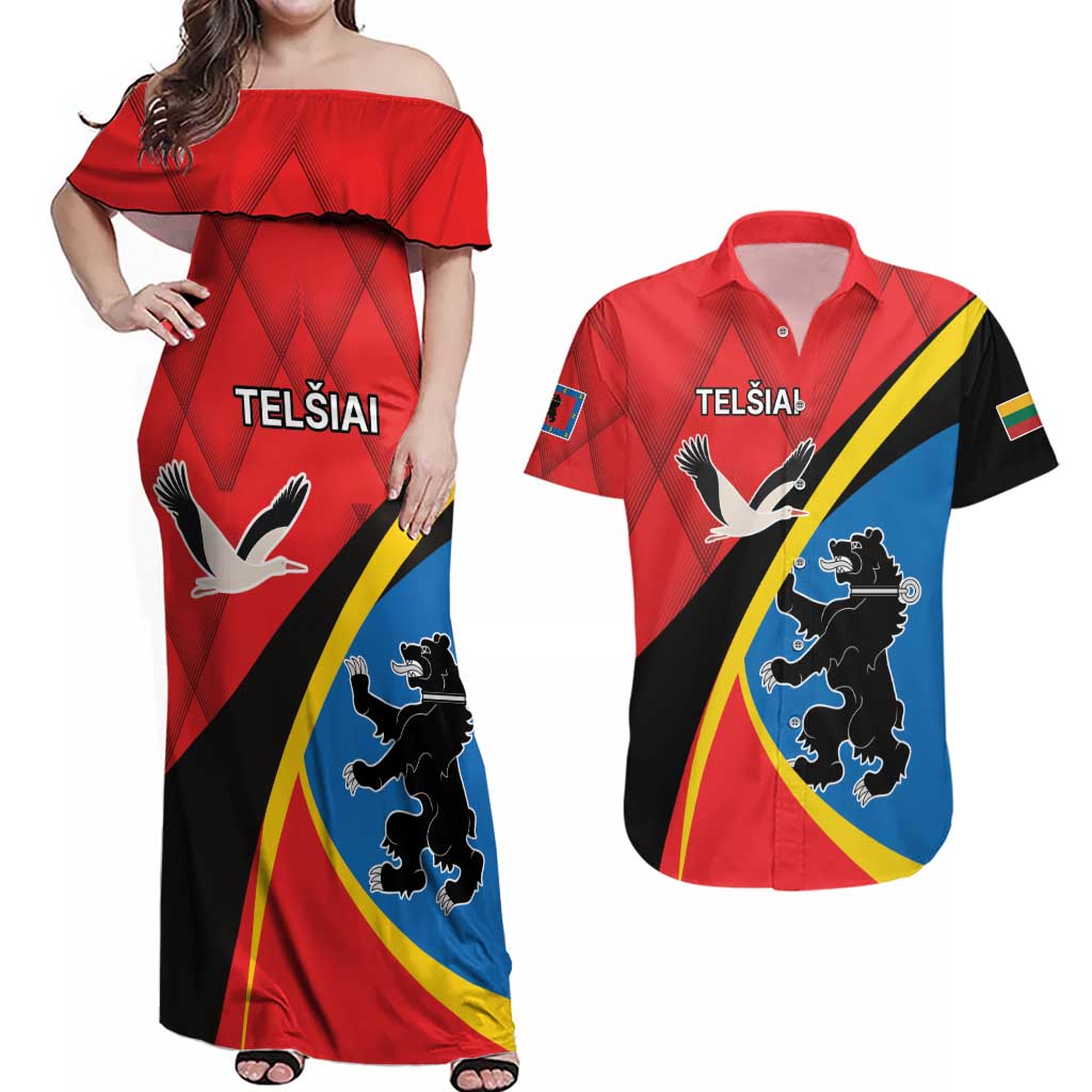 Lithuania Telsiai County Couples Matching Off Shoulder Maxi Dress and Hawaiian Shirt Telsiu Apskritis