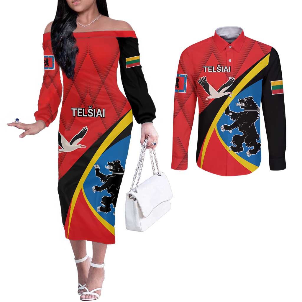 Lithuania Telsiai County Couples Matching Off The Shoulder Long Sleeve Dress and Long Sleeve Button Shirt Telsiu Apskritis