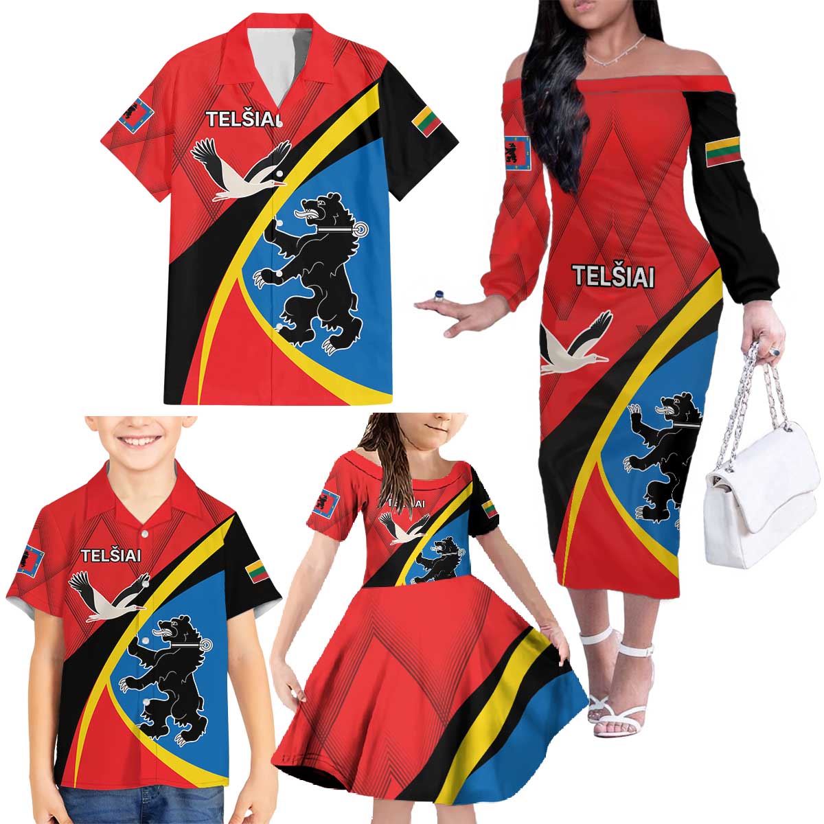 Lithuania Telsiai County Family Matching Off The Shoulder Long Sleeve Dress and Hawaiian Shirt Telsiu Apskritis