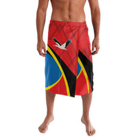 Red knee-length swim shorts with abstract geometric print and bird graphic