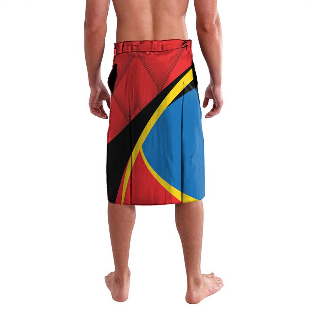 Red knee-length swim shorts with abstract geometric panels and blue stripe