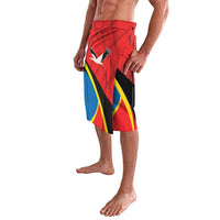 Red knee-length swim shorts with bird graphic, black diagonal stripes, and blue accents