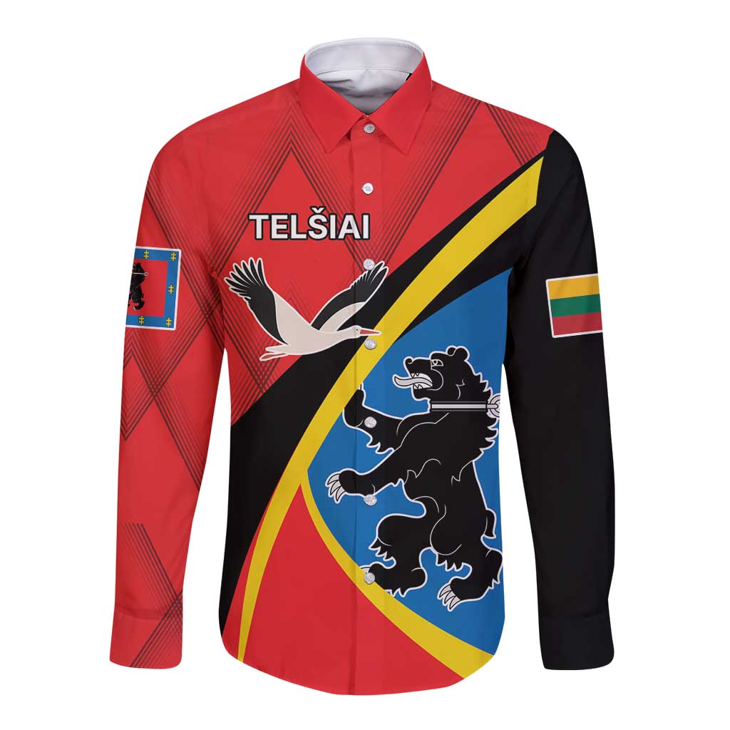 Red long-sleeve button shirt with front graphic crest and diagonal yellow-black stripe