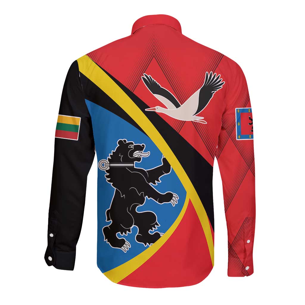 Red long-sleeve button shirt back with cranes, black/yellow diagonal stripe, crest patch