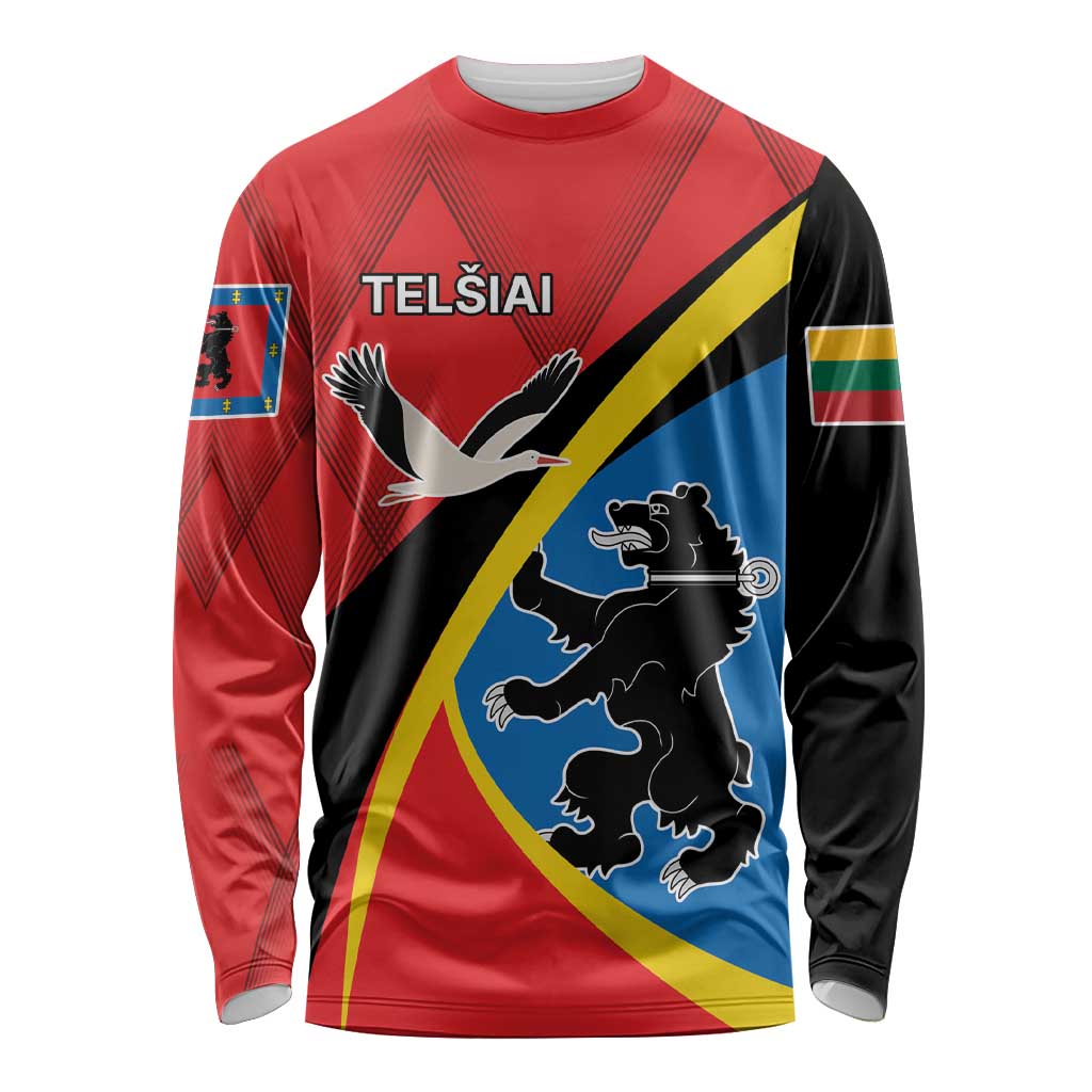 Unisex long sleeve shirt in red with black, yellow, blue diagonal graphic and emblem print