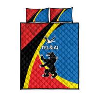 Quilt bed set with two pillowcases, red and blue geometric design with Telšiai lion