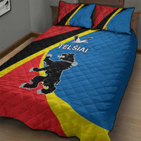 Quilt bed set with two pillow shams, in red, blue, yellow, and black Telsiai county design