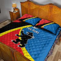 Quilt bed set with red, blue, black and yellow Telsiai County graphic print