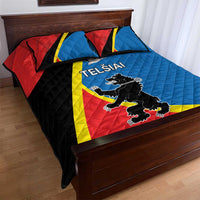 Quilt bed set with Telsiai county graphic, red, blue, black, and yellow