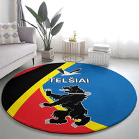 Round carpet with blue center, red edge, yellow stripe, and black animal crest