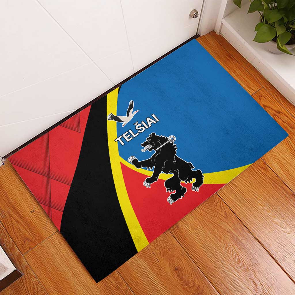 Rubber doormat with Telsiai county crest, multicolor geometric design and lion emblem