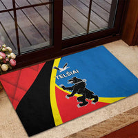 Rubber doormat with Telsiai coat of arms and red, blue, black, and yellow design