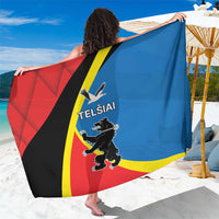Blue and red crest sarong with bold diagonal stripe pattern and Telsiai text