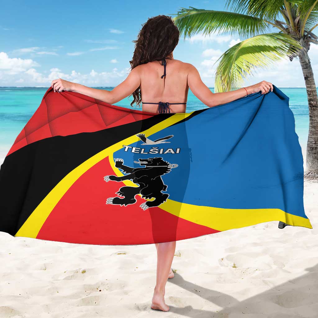 Red, blue, yellow, and black crest sarong with geometric diagonal stripes