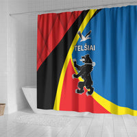 Lithuania Telsiai County shower curtain with red, black, yellow, and blue crest design