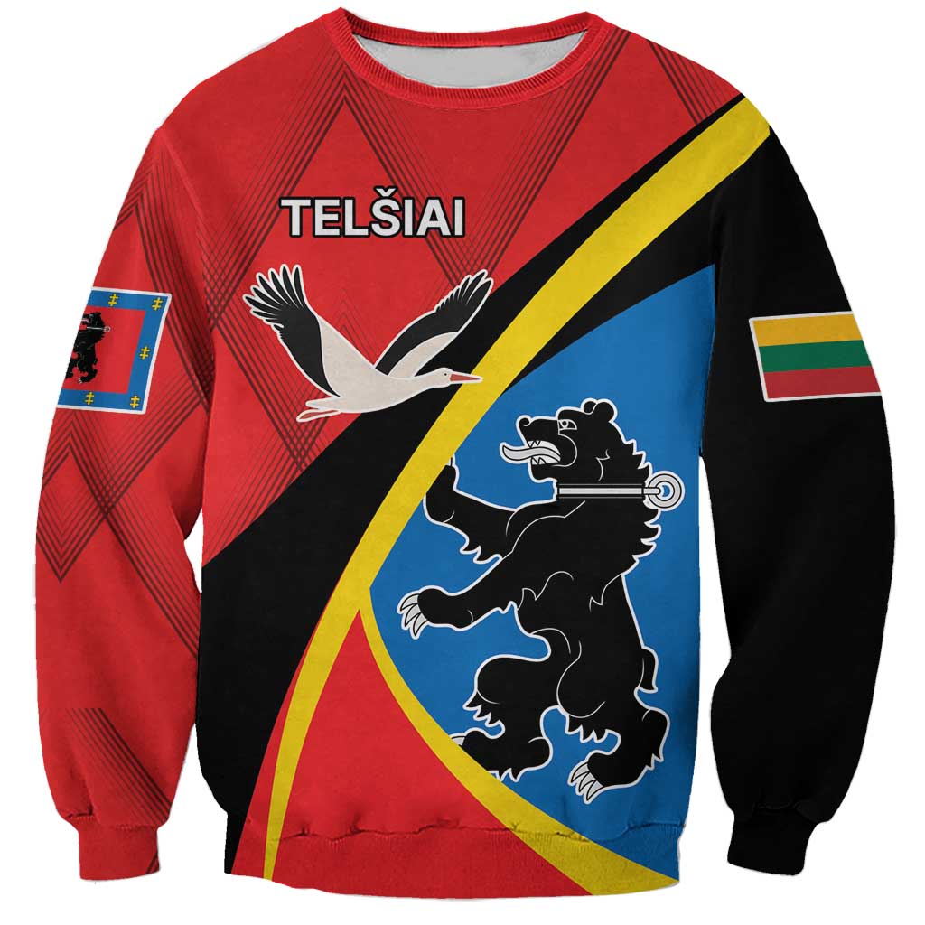 Unisex crewneck sweatshirt, red with black/blue/yellow diagonal graphic and animal prints.