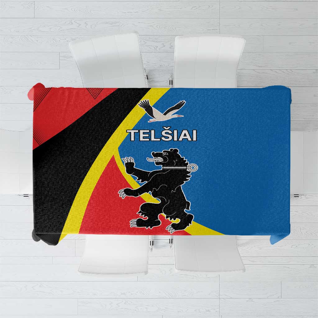 Red, blue, yellow and black flag-style tablecloth with crest and lion emblem