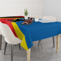 Corner and drape tablecloth featuring flag colors with yellow stripe and crest