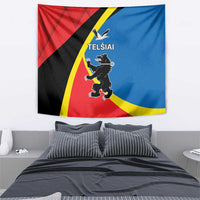 Telsiai County tapestry with red, blue, black, and yellow coat of arms