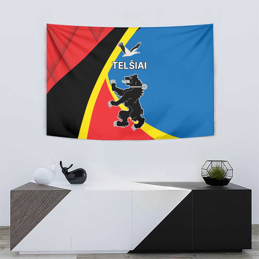 Telsiai County tapestry flag with red, blue, black, and yellow design
