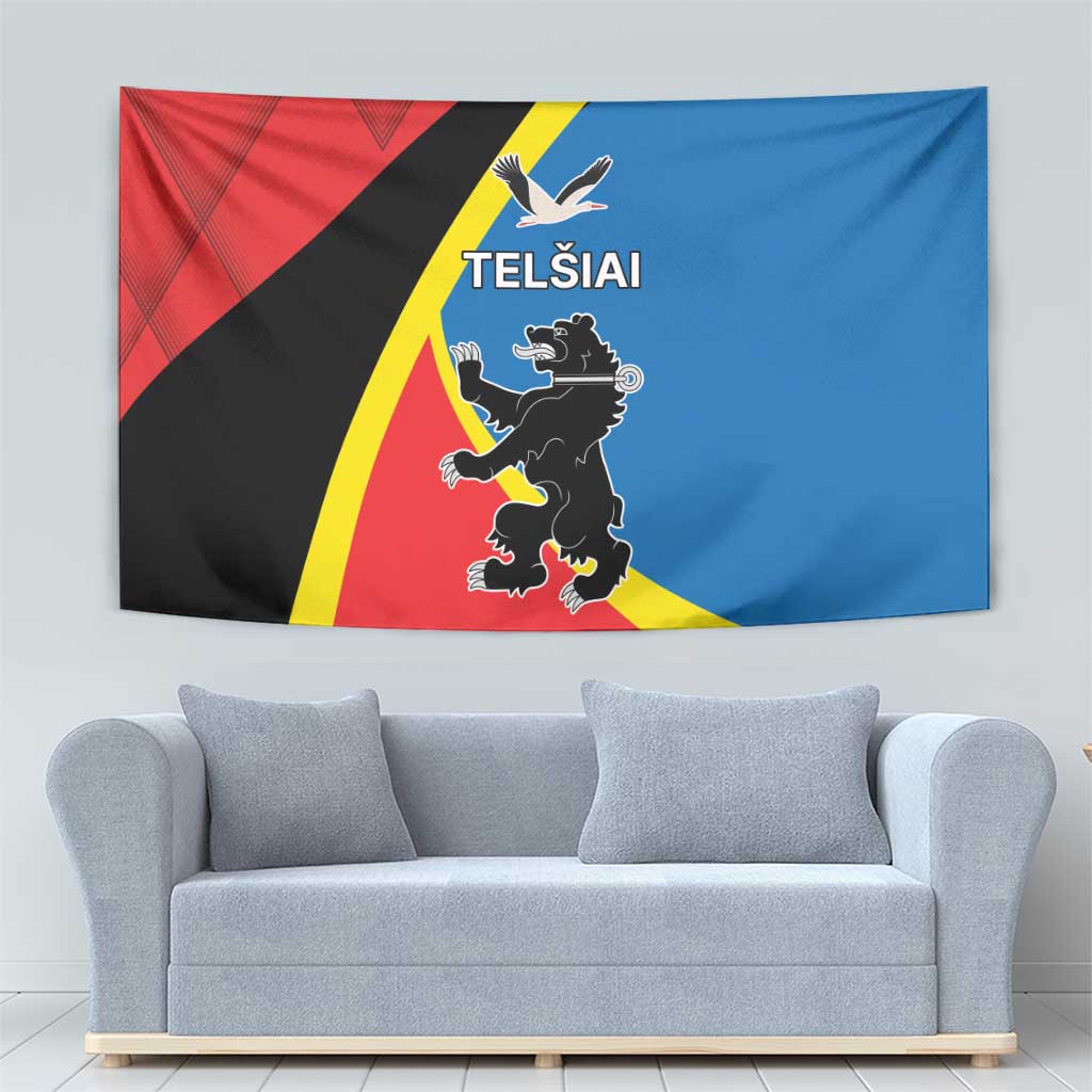Telsiai wall tapestry in red, blue, black with yellow curved stripe, coat of arms, “TELŠIAI”