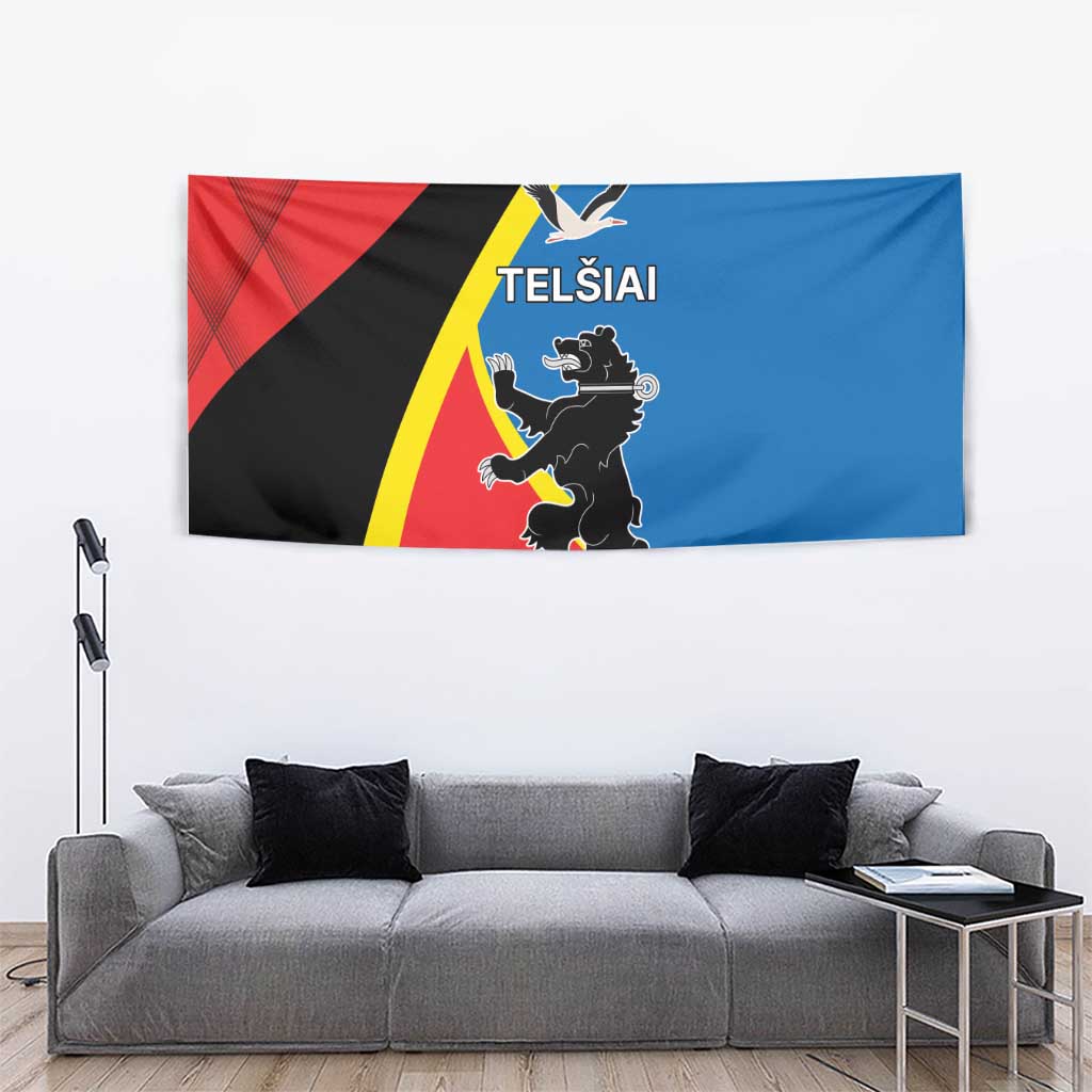 Telsiai County tapestry with red, black, yellow, and blue crest design