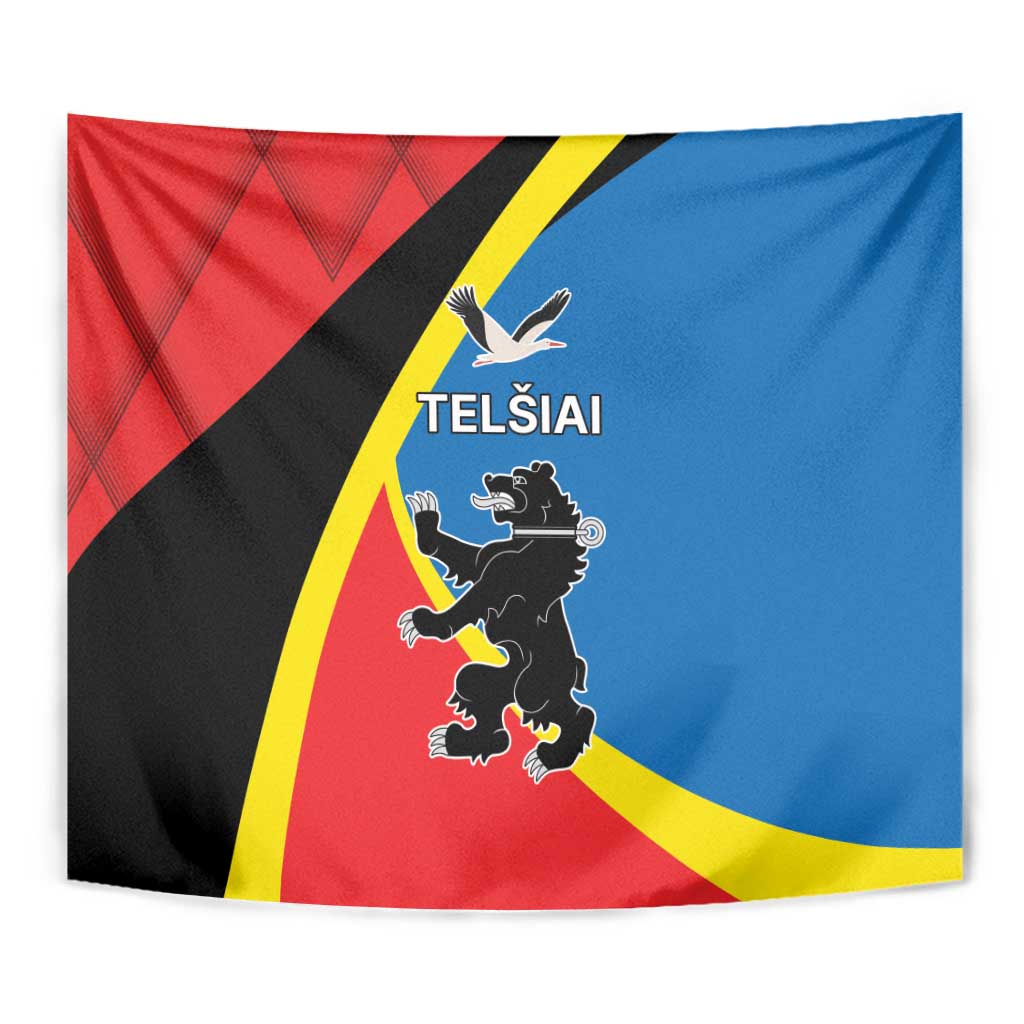 Telsiai County tapestry with red, black, blue, and yellow heraldic design