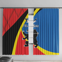 Printed window curtain panel with red, black, yellow, and blue flag design