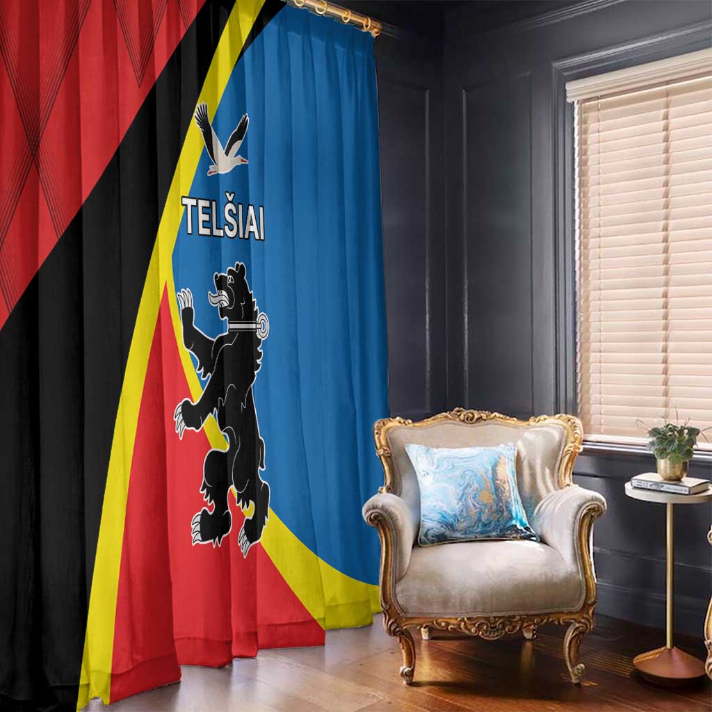 Pair of printed window curtains with blue and red flag-style panels