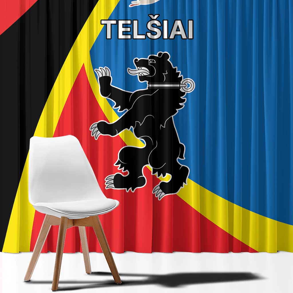 Printed window curtain with large crest and bold flag colors, red black yellow blue
