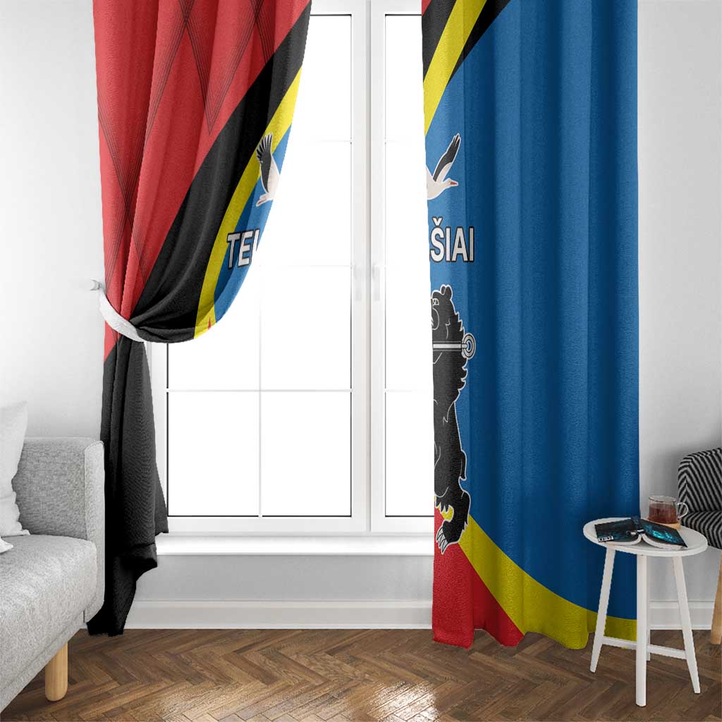 Printed window curtain with blue side and red-black-yellow flag stripes