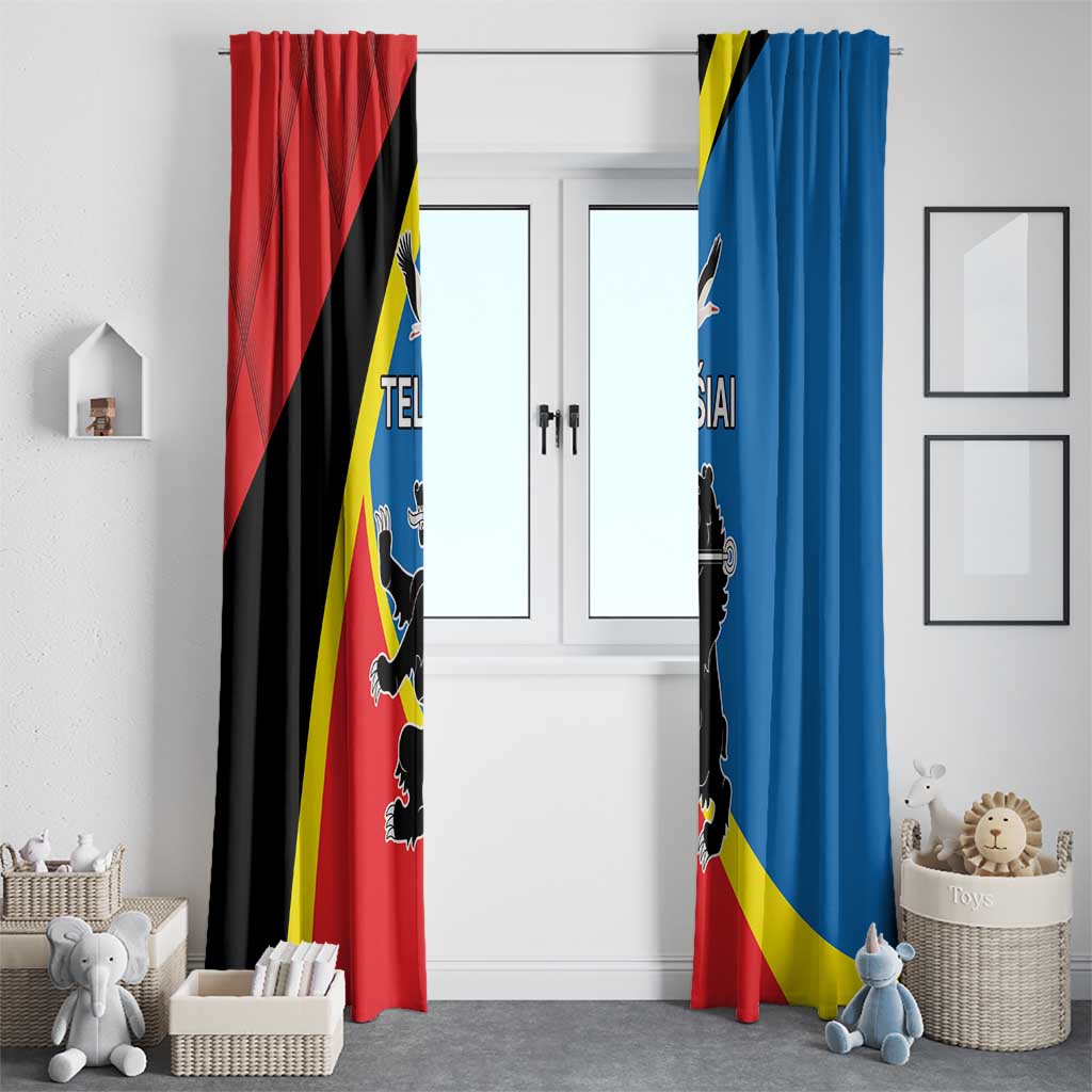 Printed window curtain set with red and blue flag panels on each side of a door