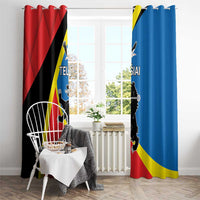 Printed window curtains with hook top header and red/blue flag panels