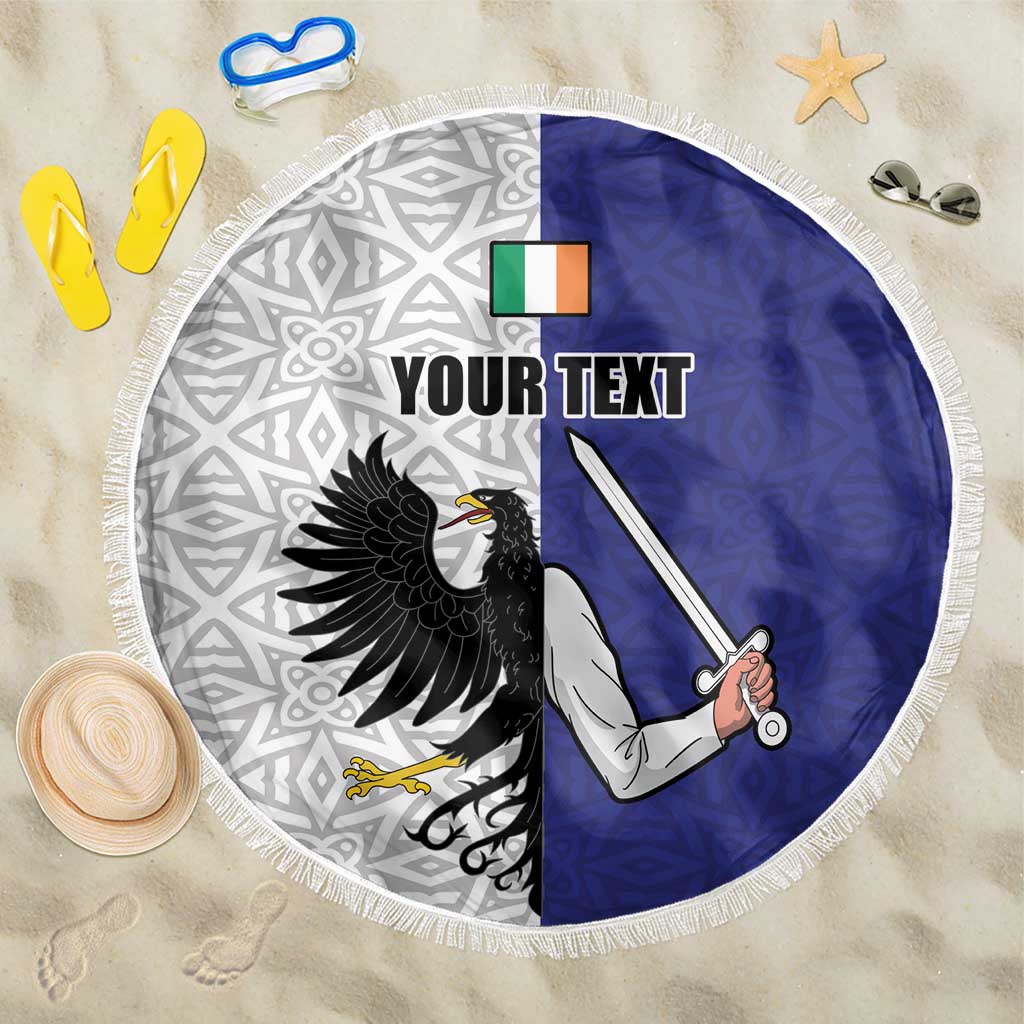 Round beach blanket with fringe: blue/gray split, eagle and sword, custom text