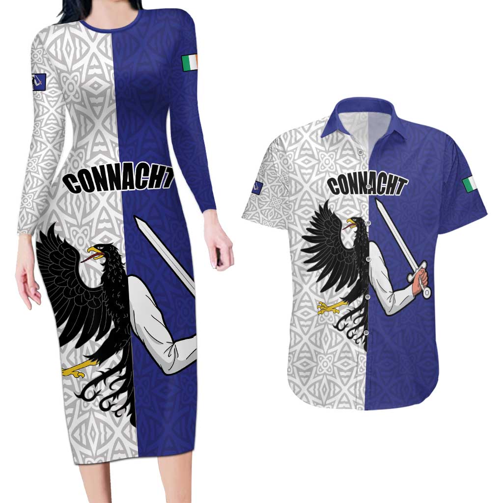 Personalized Ireland Connacht Black Eagle and Armed hand Couples Matching Long Sleeve Bodycon Dress and Hawaiian Shirt Connachta Flag Style with Celtic Patern