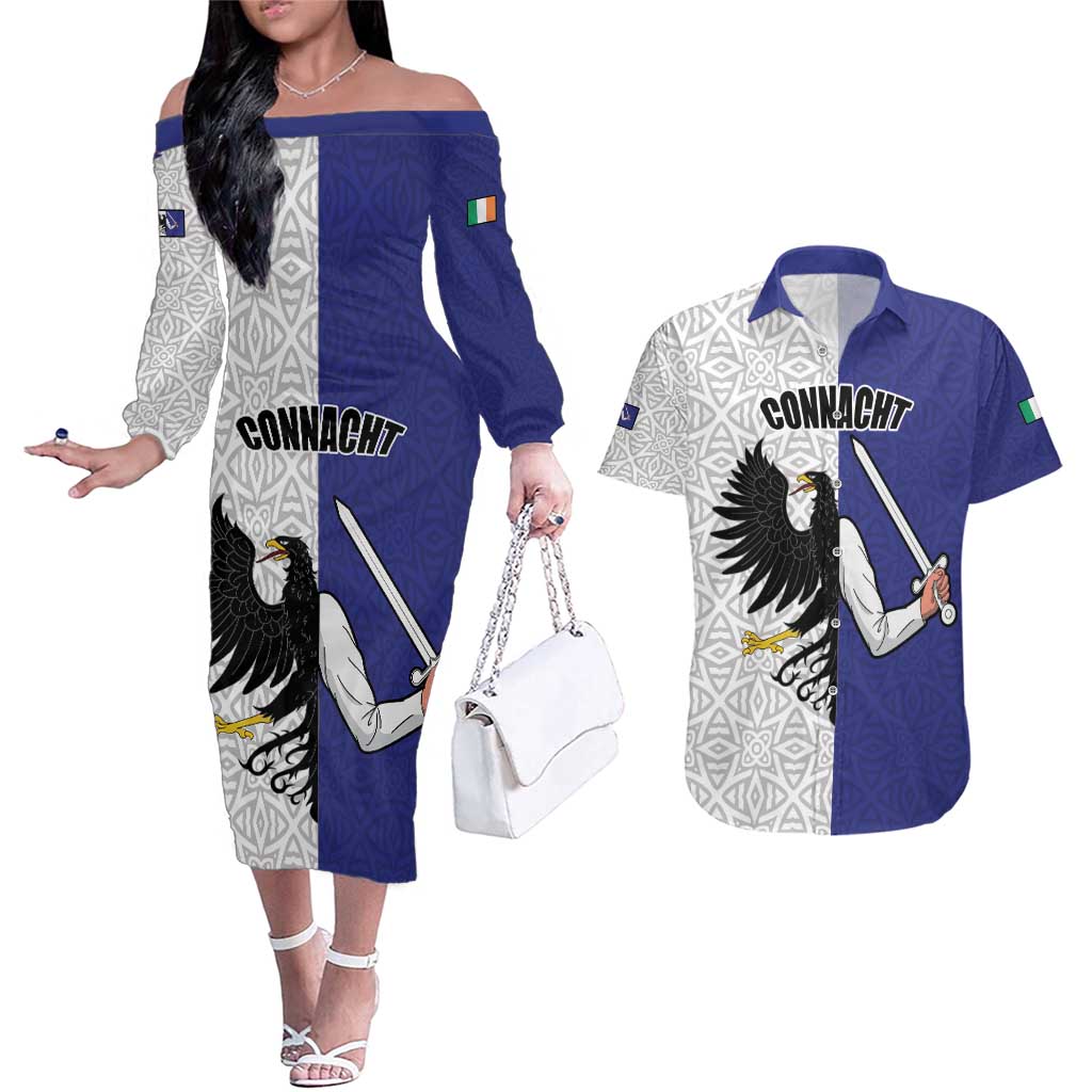 Personalized Ireland Connacht Black Eagle and Armed hand Couples Matching Off The Shoulder Long Sleeve Dress and Hawaiian Shirt Connachta Flag Style with Celtic Patern