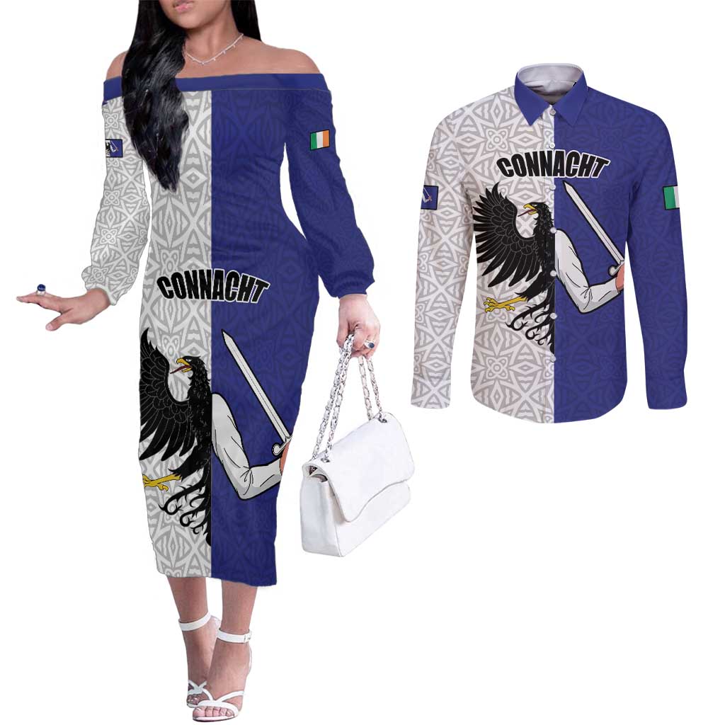 Personalized Ireland Connacht Black Eagle and Armed hand Couples Matching Off The Shoulder Long Sleeve Dress and Long Sleeve Button Shirt Connachta Flag Style with Celtic Patern