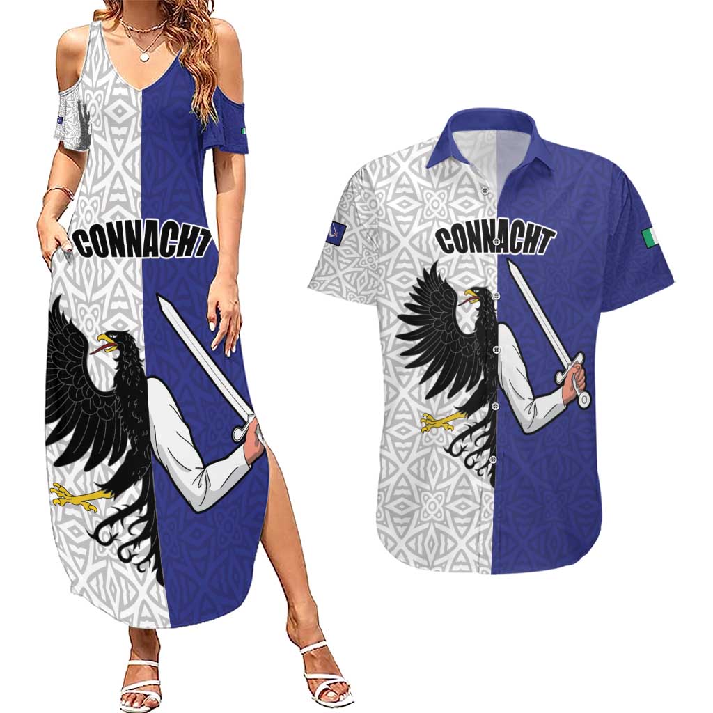 Personalized Ireland Connacht Black Eagle and Armed hand Couples Matching Summer Maxi Dress and Hawaiian Shirt Connachta Flag Style with Celtic Patern