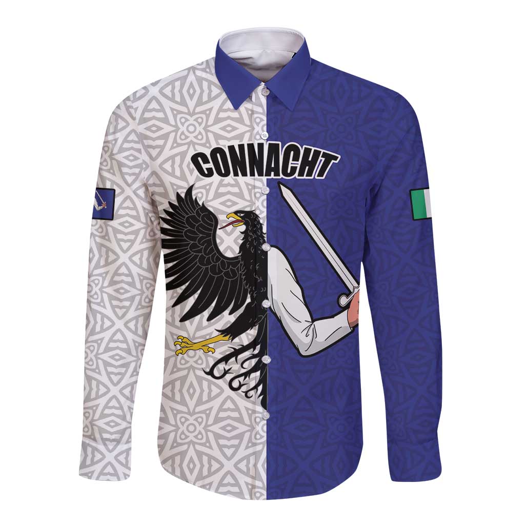 Unisex long-sleeve button shirt in blue and white with eagle-and-arm graphic