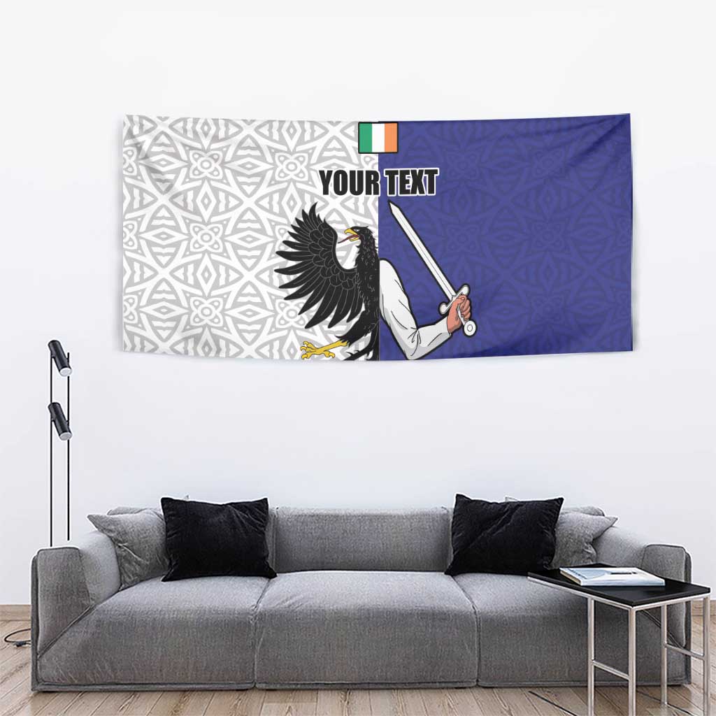 White-and-blue tapestry flag with eagle and sword artwork plus custom text