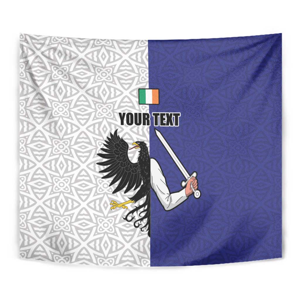 Close-up style view of white-and-blue tapestry flag with eagle and custom text